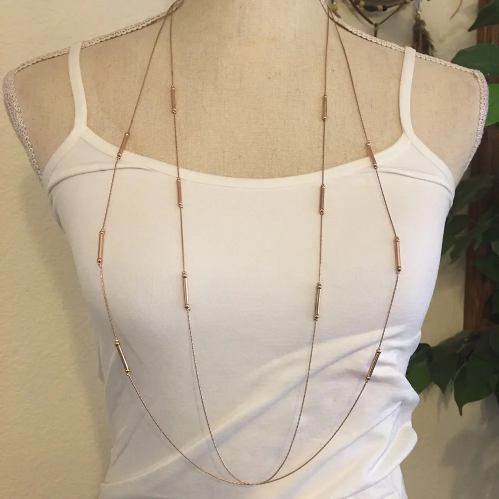 Rose gold tone double strand bar necklace chain